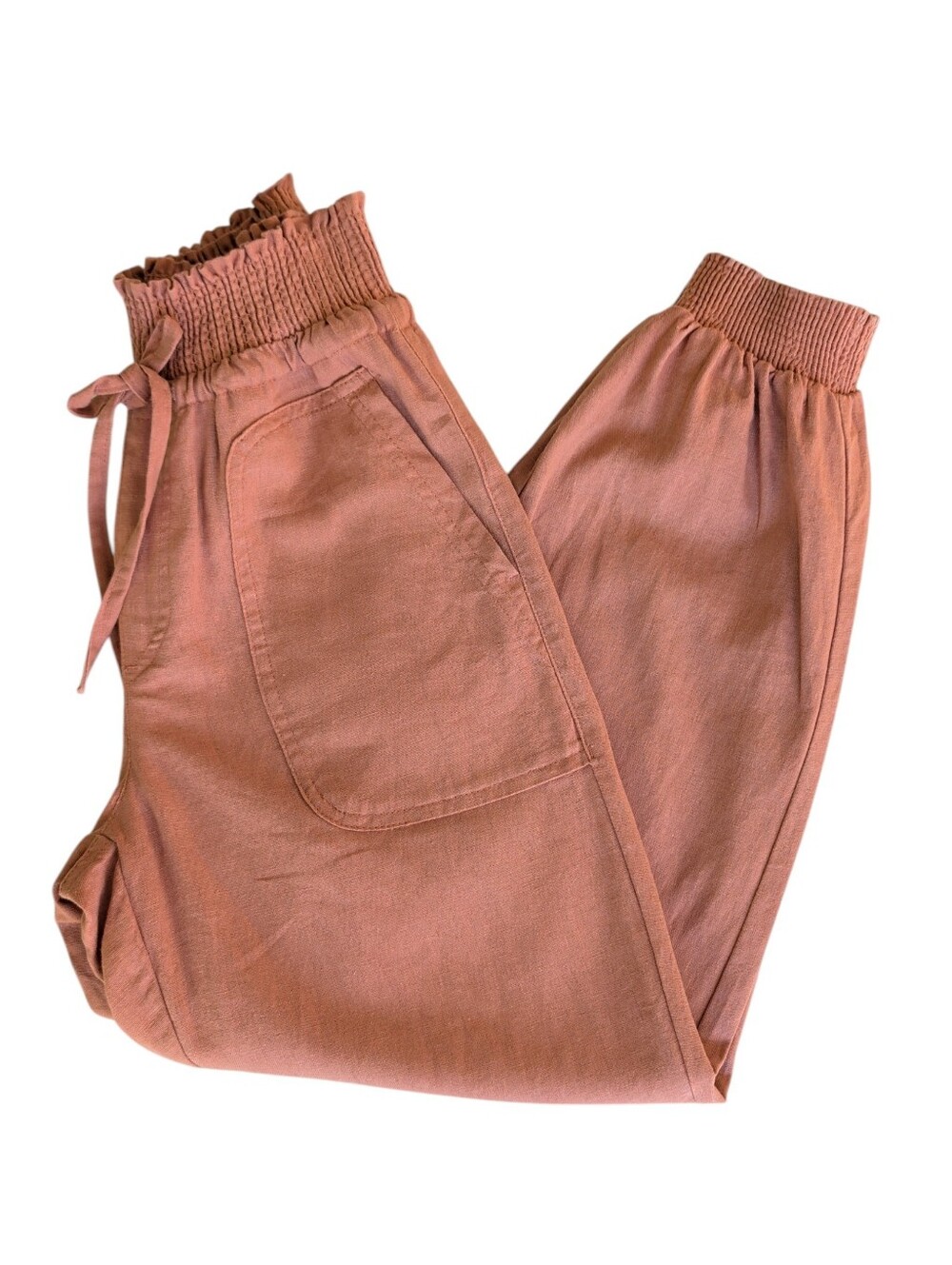 Love Tree Linen Blend High Waist Pull On Jogger Pants SMALL Coral Rust Pockets